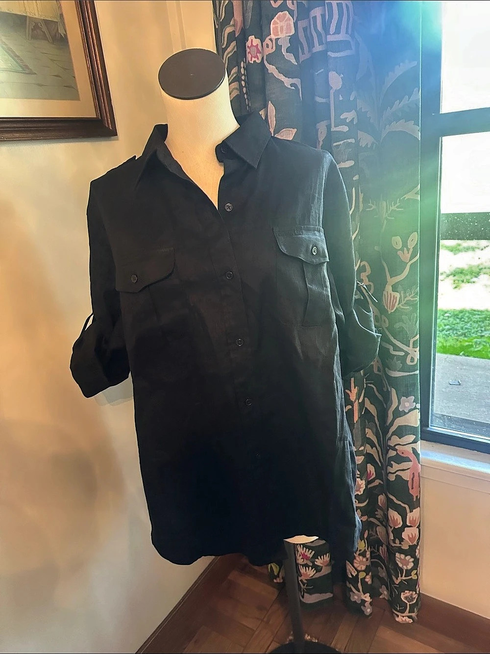 Lauren Ralph Lauren Linen Roll-Tab Sleeve Utility Shirt Black 1X EUC